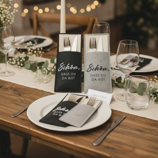 Filzbestecktaschen in Anthrazit und Grau mit Spruch „Schön, dass du da bist“, verschiedene Setgrößen.